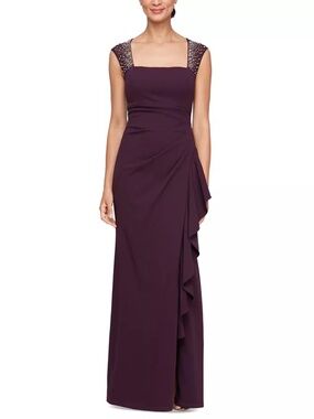 Alex Evenings Studded-Strap Waterfall Ruffle Evening Gown - size 16P